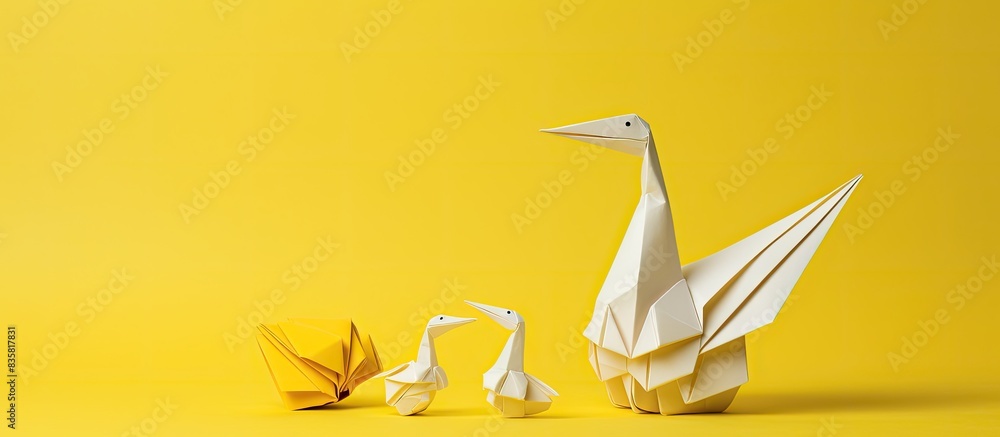 Poster top view of a lovely yellow origami bird against a white backdrop with ample space for a message in 