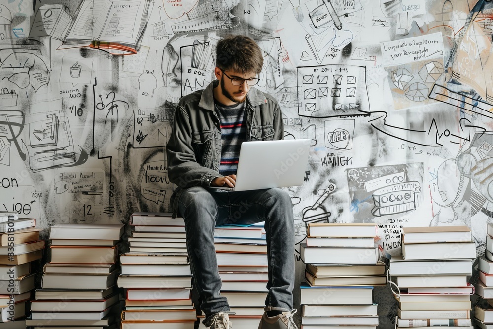 Poster a young man is seen working on a laptop while sitting on a pile of books against a creative backgrou