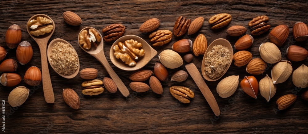 Poster Assorted nuts adding variety and flavor to any dish with diverse textures. Copy space image. Place for adding text and design