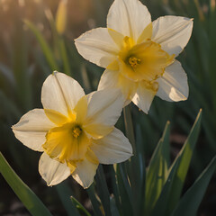 Fototapeta premium a two white and yellow flowers in the sun