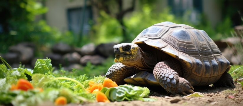 Close-up image of a hungry tortoise biting a fresh carrot in a zoo or botanical garden, with a zookeeper feeding it, creating a lively copy space image.