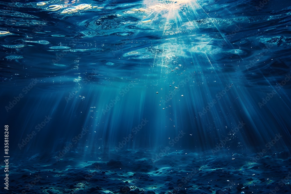 Poster underwater scene with sunlight filtering through the water, creating an ethereal and tranquil atmosp
