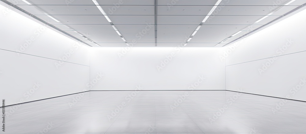 Poster an art gallery's perspective view of an empty white wall with spotlights, ideal for a copy space ima