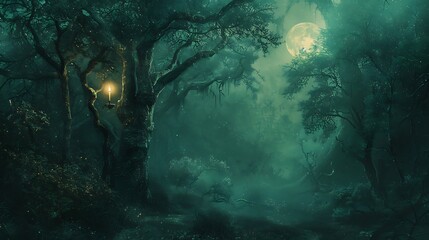 Ancient forest with candle glow and moon amulet light, dark abstract nature.