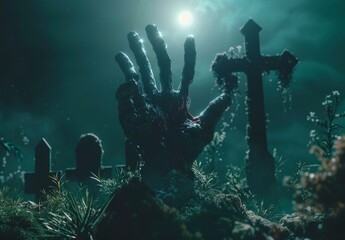 Fototapeta premium A zombie hand is rising from the grave at night with moonlight shining down on it, gothic crosses in the background