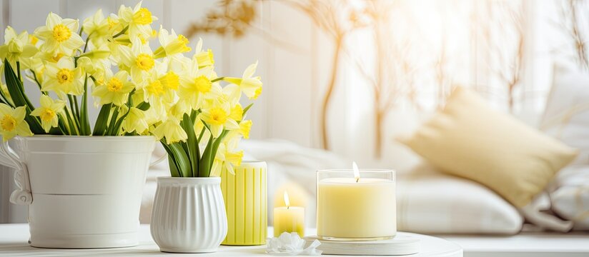 Modern interior featuring a vase with spring flowers and copy space image.