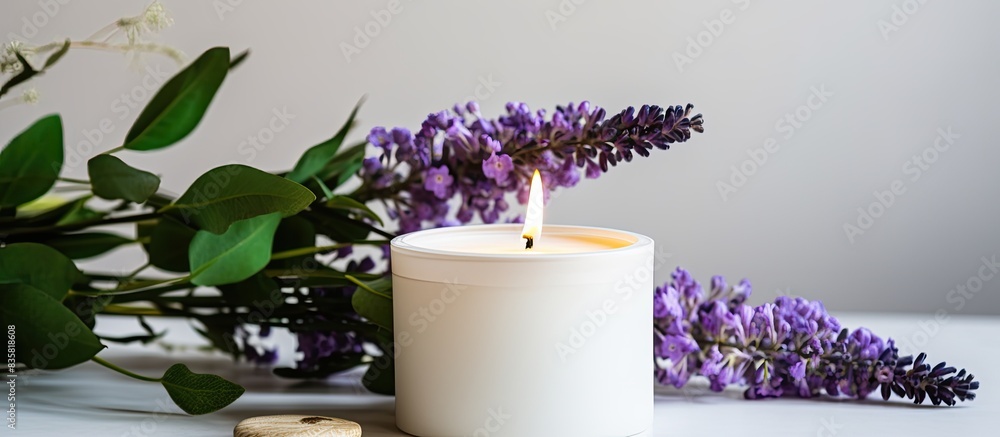 Poster womans hands holding handmade wick candles in glass with a leaf on a craft background in a top view 