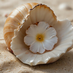 a shell with a flower inside of it on the sand