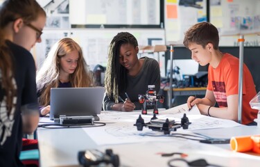 In a classroom setting, a diverse group of students is engaged in teamwork on an engineering project. They utilize technology, discuss technical drawings, and collaborate effectively as a team
