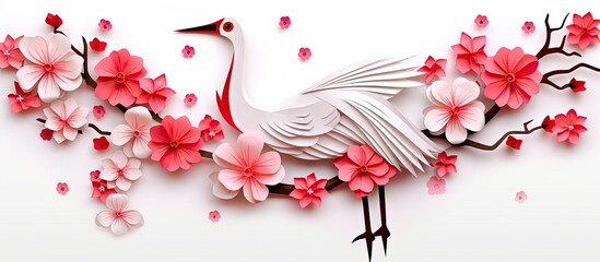 A solitary paper crane with a cherry blossom design on a backdrop of lush greenery, with room for additional elements in the picture (copy space image).