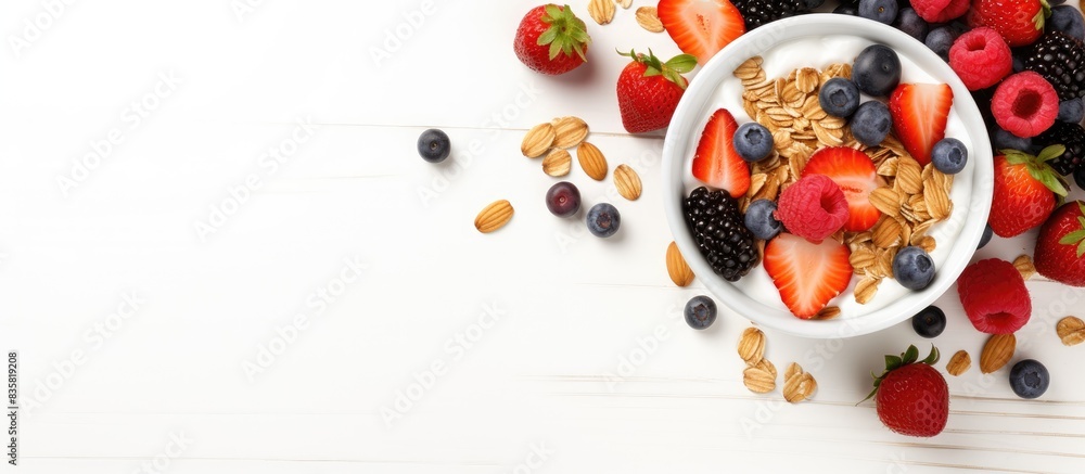 Poster cereal granola bar with assorted nuts, fruits, and berries displayed on a white stone table in a lay