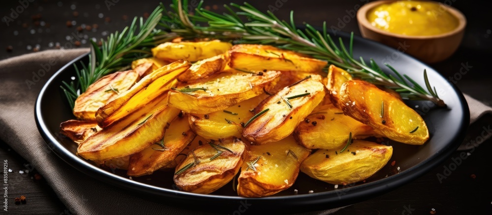 Poster baked potato wedges in a frying pan over a dark stone backdrop in a top view with a copy space image