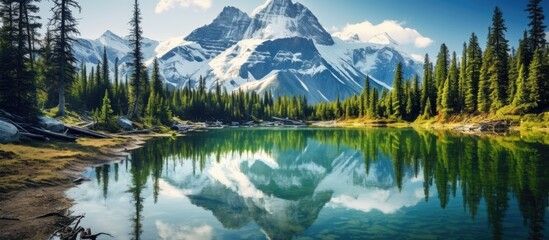 The serene lake reflects snow-capped mountains, lush forests, and open grasslands, creating a picturesque scene with copy space image. - Powered by Adobe