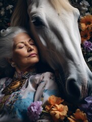 an older woman is hugging a horse in a floral arrangement
