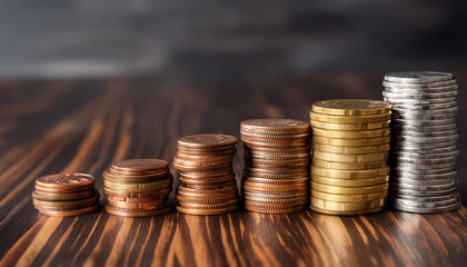 Close-up image of arranged coin stacks on wooden background symbolizing financial growth and savings