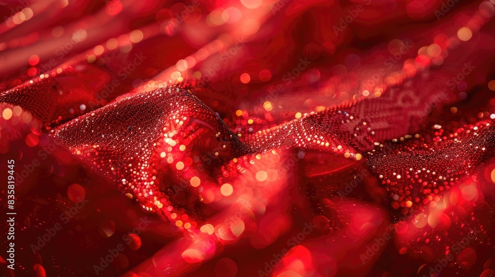 Poster close up of festive red fabric with a metallic sheen and shimmering gold texture adorned with sparkl