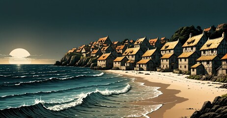 coastal town homes on ocean beach coast village under sky clouds seascape. city houses along seashore shore on the sea at summer sunset. water wallpaper banner. 