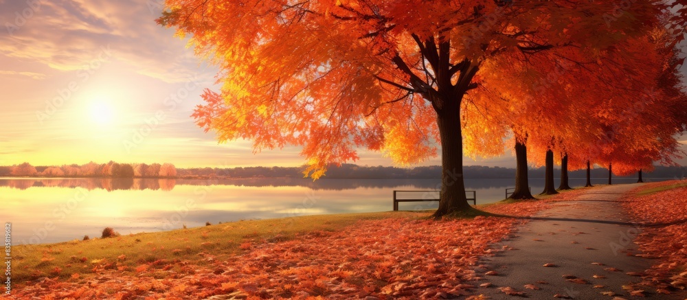 Aufkleber autumn scenery featuring a large oak tree with vast copy space image.
