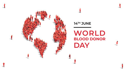 World Blood Donor Day. Blood donation concept. A large group of people form the shape of globe. 14th June. world blood donor day awareness. background, poster, banner, flyer. vector illustration.