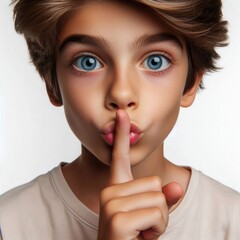 Naklejka premium kid, doing expression with finger on lips silent shh gesture. Secret, silence, taboo and censorship and freedom of speech