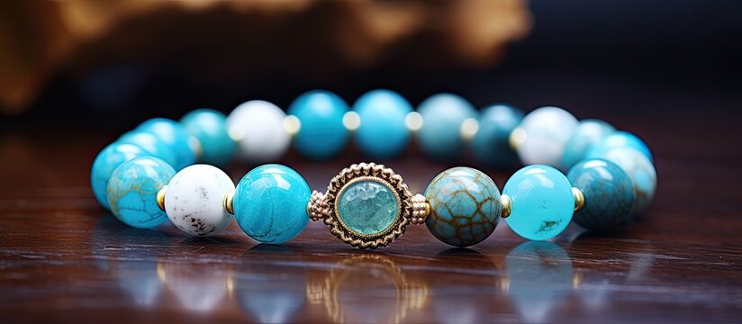 Handmade bracelet featuring blue opal and moonstone stones, set against a light modern backdrop with copy space image.