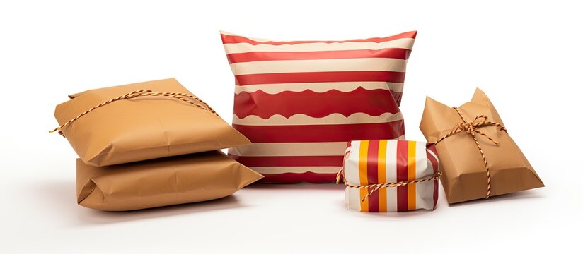 Handmade kraft paper wedding gift boxes creatively designed in a pillow shape with collapsible feature; suitable for packaging jewelry with copy space image.