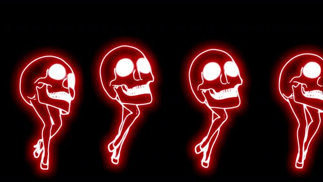 Seamless animation of a walking skulls isolated with alpha channel. Funny halloween background with neon fluorescent effect for parties and events.