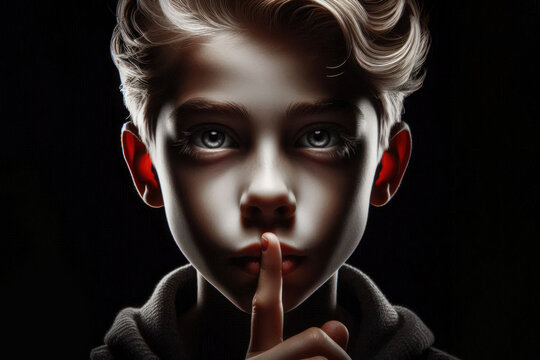 kid, doing expression with finger on lips silent shh gesture. Secret, silence, taboo and censorship and freedom of speech