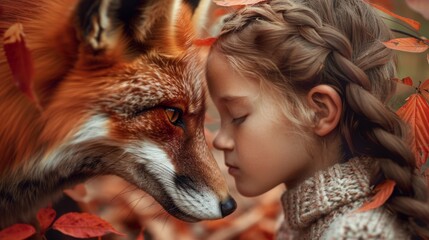 a little girl and a fox in the fall
