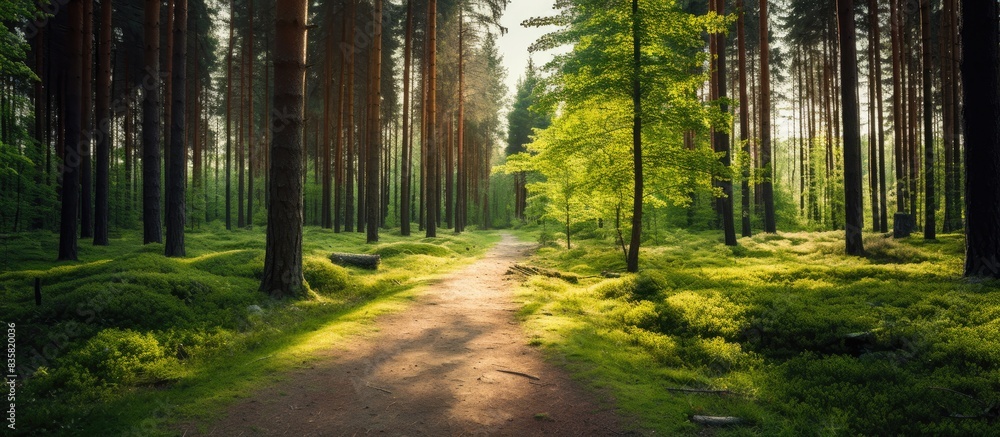 Poster woodland path with a serene forest trail scene and ample copy space image.