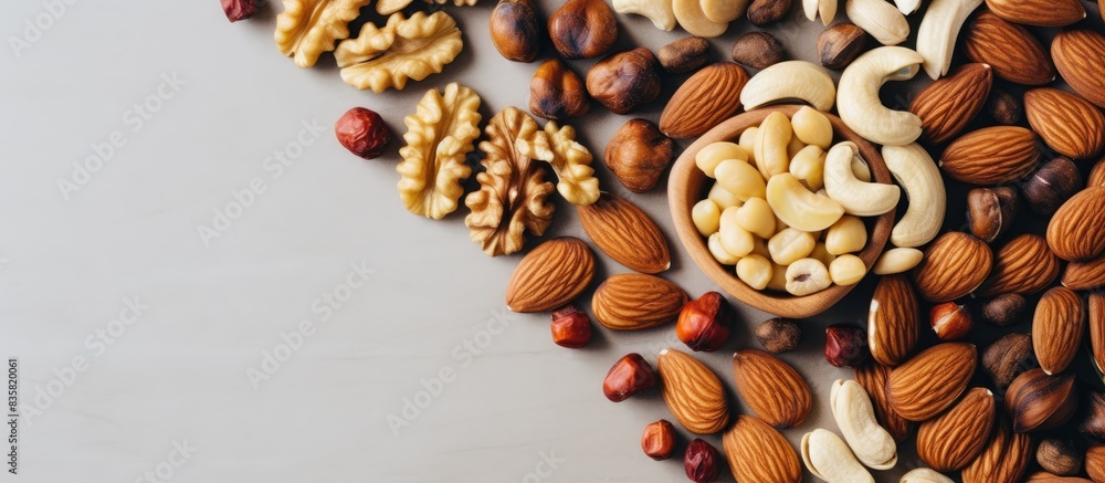 Poster A white ceramic bowl filled with a variety of mixed nuts, with a blank background for text or additional images, providing ample copy space image.