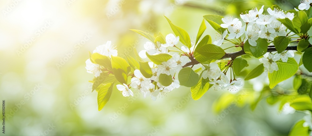 Poster spring branches with budding trees and bushes showcasing their first leaves, providing a picturesque
