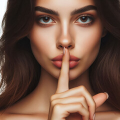 Naklejka premium woman, doing expression with finger on lips silent shh gesture. Secret, silence, taboo freedom of speech