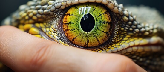 Naklejka premium A lizard is being held on a sunny summer day outdoors, with a breathtaking background perfect for a copy space image.