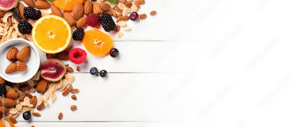 Poster cereal granola bar with assorted nuts, fruits, and berries displayed on a white stone table in a lay