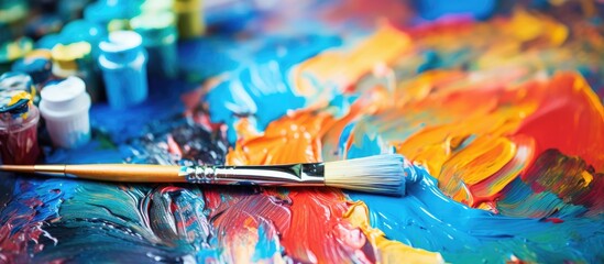 Fototapeta premium Female artist gracefully paints an abstract, colorful picture using acrylics in an artistic school studio. Close-up of hand holding a paintbrush, creating a masterpiece against a copy space image.
