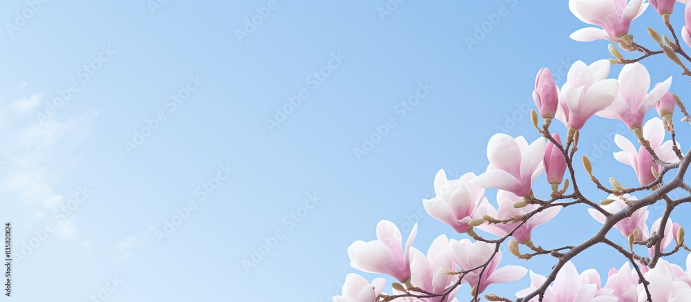 Poster Magnolia flower on spring branch against white backdrop, with copy space image available.