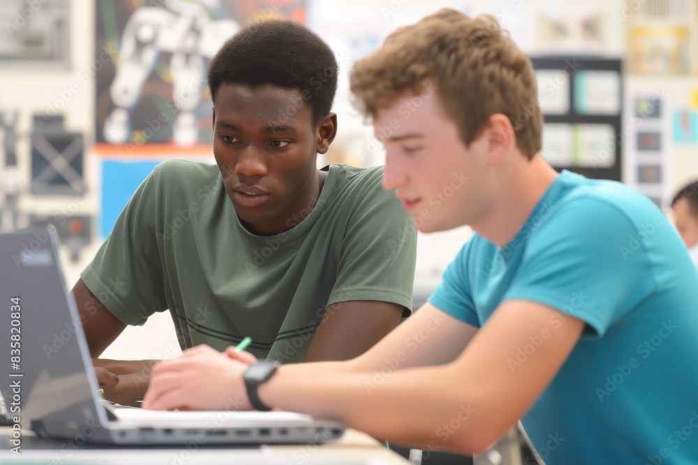 Poster two students engaged in a collaborative study session, focusing on their laptop. this teamwork demon