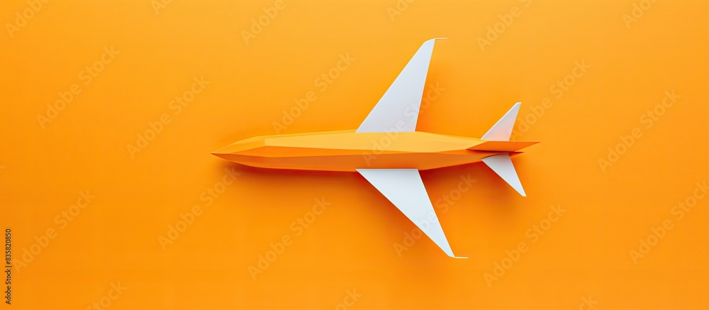 Poster paper plane origami made from orange paper, placed alone on a plain white backdrop with space for te