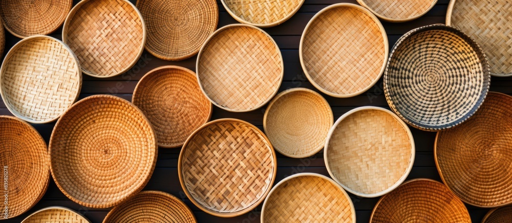 Poster rattan basket placed alone on wooden backdrop with space for copying an image.