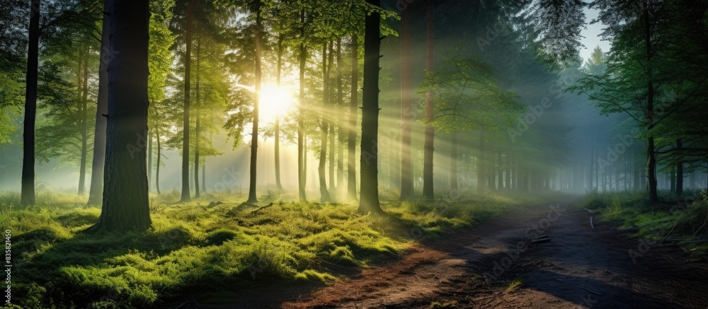 Poster sunlight filtering through a picturesque forest of beech trees, with ferns blanketing the ground, cr