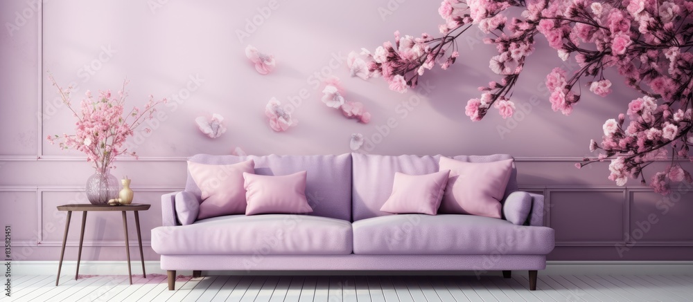 Poster lavender blossoms elegantly arranged on a table in a cozy living area with an empty space for imager