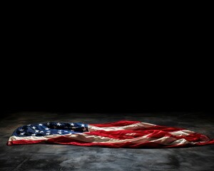 Dramatic image of a crumpled American flag lying on a dark surface, symbolizing patriotism and solemn reflection.