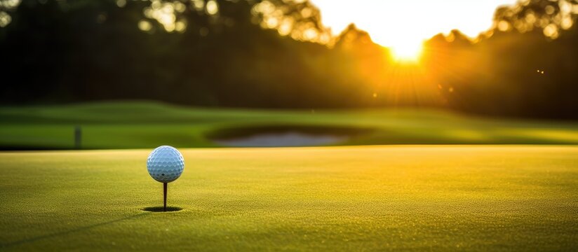 A golfer putting a ball on the green in the evening with the sun setting, aiming to win with a blurred background and lens flare, creating a picturesque copy space image.