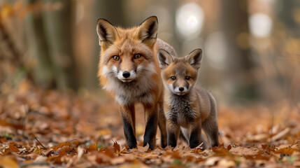 Fototapeta premium Red Fox and Cub Amidst Fall Foliage