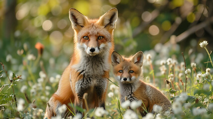 Fototapeta premium Red Fox and Cub Basking in Sunlight