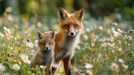 Red Fox and Cub Basking in Sunlight
