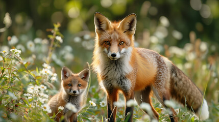 Fototapeta premium Red Fox and Cub Basking in Sunlight