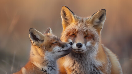Fototapeta premium Red Fox Cub Nuzzling with Parent