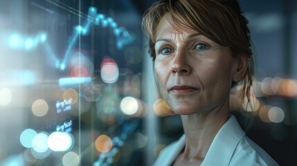 The close up picture of the caucasian woman is concentrated, the british business woman is analyzing the business data in the graph form, english female is investing in the financial marketing. AIG43. - Powered by Adobe